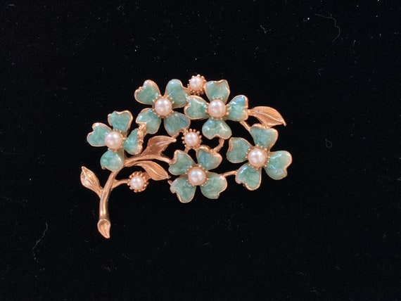 Vintage Enameled Four-leaf Clover Brooch with Pea… - image 1
