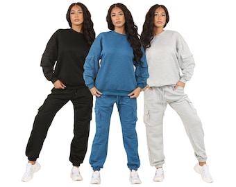 Fleece Trainingsanzug Damen Set: Langarmpullover & Cargohose
