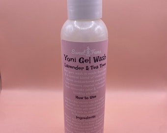 May include: A clear plastic bottle with a white label that says "Sweet Fems Yoni Gel Wash Lavender & Tea Tree". The label also includes instructions for use and a list of ingredients. The bottle is 8 oz.