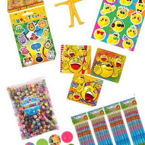 May include: A party favor set with a variety of items, including bouncy balls, pencils, stickers, and a stretchy toy. The bouncy balls are colorful and come in a bag labeled "Bouncers". The pencils are blue and orange with a dinosaur design. The stickers feature smiley faces and animals. The stretchy toy is yellow and shaped like a person.