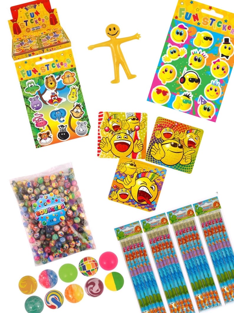May include: A party favor set with a variety of items, including bouncy balls, pencils, stickers, and a stretchy toy. The bouncy balls are colorful and come in a bag labeled "Bouncers". The pencils are blue and orange with a dinosaur design. The stickers feature smiley faces and animals. The stretchy toy is yellow and shaped like a person.
