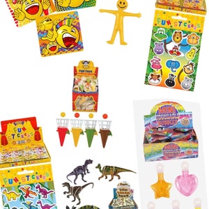 May include: Assortment of party favor toys including dinosaur stickers, smiley face stickers, animal stickers, mini touchable bubbles, and a yellow bendy toy.