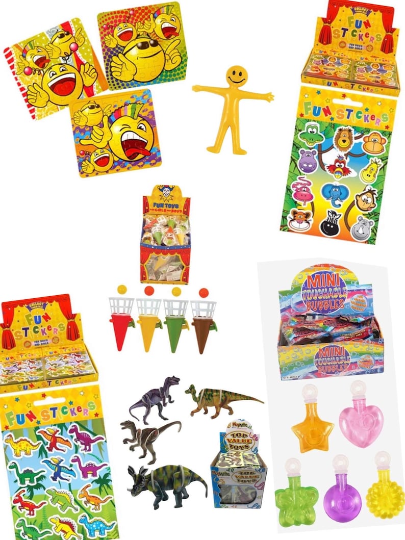 May include: Assortment of party favor toys including dinosaur stickers, smiley face stickers, animal stickers, mini touchable bubbles, and a yellow bendy toy.