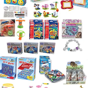 May include: Assortment of children's toys including a Crazy Face Mould & Paint kit, a spinning top, a sand art kit, a bracelet maker, a four in a row game, a who am I game, a board game called Pupping, a mini street set, and a set of animal figurines.
