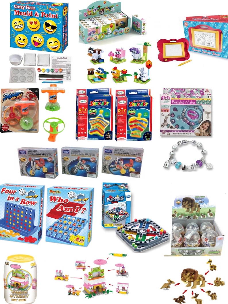 May include: Assortment of children's toys including a Crazy Face Mould & Paint kit, a spinning top, a sand art kit, a bracelet maker, a four in a row game, a who am I game, a board game called Pupping, a mini street set, and a set of animal figurines.