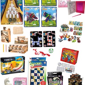 May include: A collection of toys and games for children, including a mini bowling set, kites, a secret sketcher, dinosaur fossils, a magic fidget snake, a track racing set, a snakes and ladders game, a unicorn painting kit, a super hero mold and paint set, and a magic trick set.
