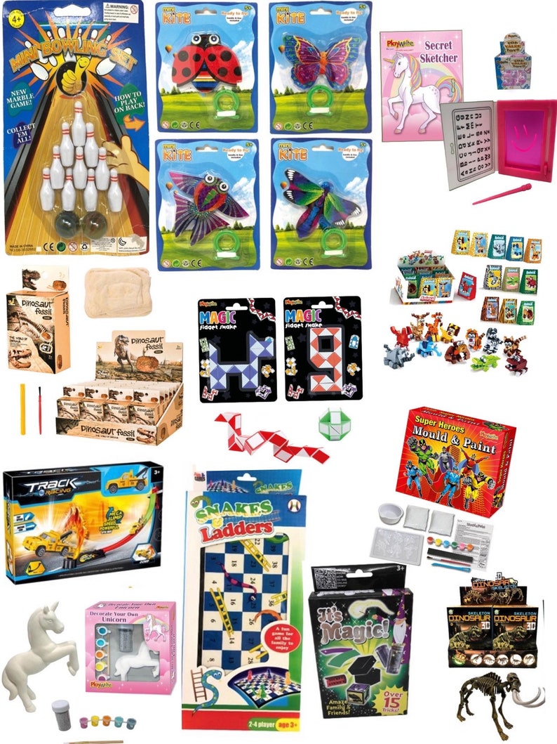 May include: A collection of toys and games for children, including a mini bowling set, kites, a secret sketcher, dinosaur fossils, a magic fidget snake, a track racing set, a snakes and ladders game, a unicorn painting kit, a super hero mold and paint set, and a magic trick set.