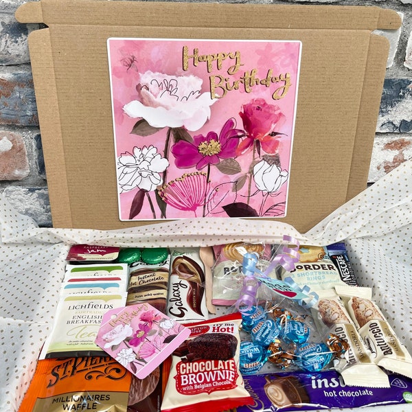 Female Birthday Tea + Biscuits Hug in a Box, Tea Hamper, Coffee , Biscuits, Chocolate  gift Personalised