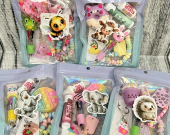 Cute Pre-Filled Girls Party bags , loot Bags: Toys & Sweets , keyring, scrunchie , squishy, lip balm