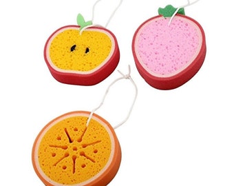 Dependable Industries Luxury Bath Sponge 3-Pack - Fruit Design Loofahs with Hanging Rope  Enhanced Lather Soft, Exfoliating Shower Poufs