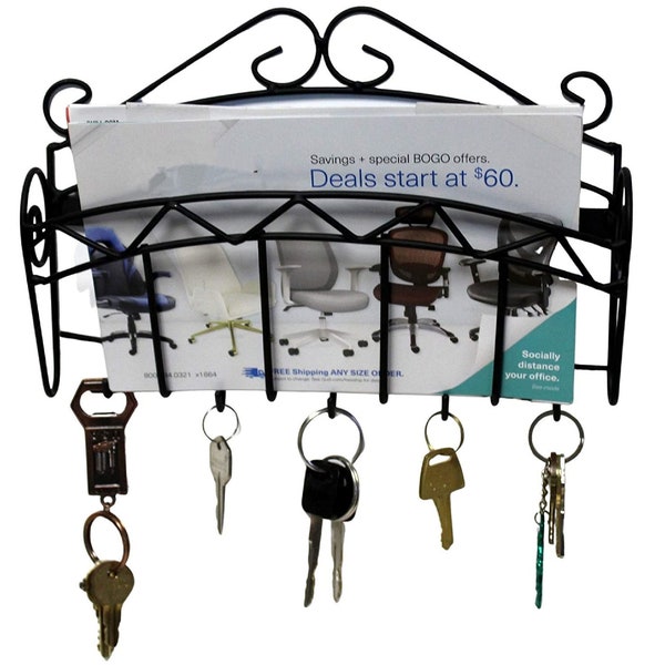 Mail & Key Holder Hooks Organizer Wall Mounted Decorative Black Matte Entryway Organize Letters, Magazines, Keys, Dog Leashes