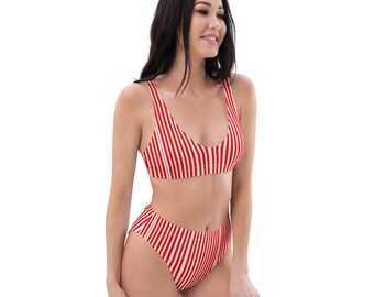 Red and white vertical striped high-waisted bikini with white trim also available in plus size!