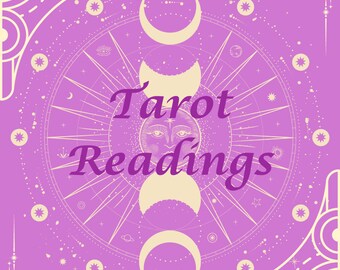 May include: A purple background with a white circle in the center. The circle has a sun and moon design with the text "Tarot Readings" in the center.