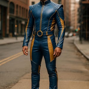 Traje de couro de super-herói azul e dourado – Fantasia de cosplay personalizada para homens – Macacão de armadura corporal completa para Comic-Con, Halloween ou traje de cinema