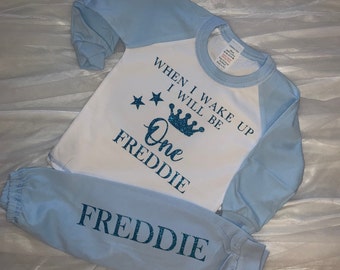 Personalised 1 and Name Prince White Pyjamas Birthday First Gift Pjs Boys Blue