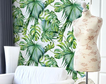 Tropical big leaves monstera removable wallpaper, Exotic floral removable wall mural 35