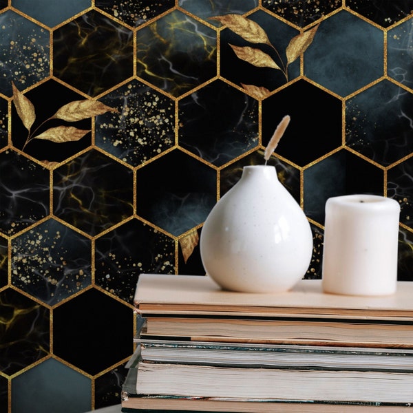 Gold hexagon luxury removable wallpaper, Botanical honeycomb geometric mural 51