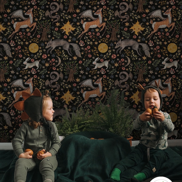 Woodland animals peel and stick wallpaper, Dark fairytale kids room wall mural 123