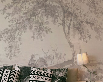 Deer scene wallpaper, Subtle tree silhouette print, Removable material, Forest landscape wallpaper, Sketched tree 73
