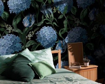Hydrangea bouquet flowers wall decor, Blue floral wallpaper for elegant interiors 134