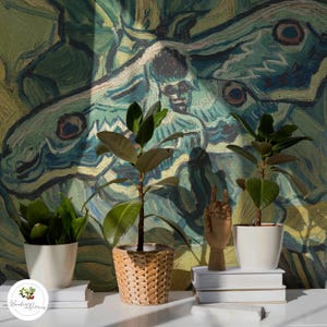 Vintage Moth Wallpaper, Van Gogh Inspired Wall Art, Botanical Insect Wall Decor, Classic Painting-Inspired Decor 55