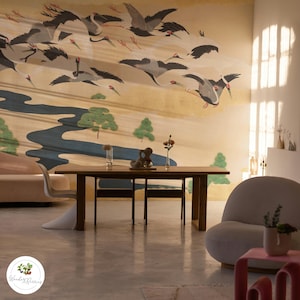 Flying Cranes Wallpaper, Japanese Crane Wall Mural, Peel and stick, Gold Serene Oriental Design, Asian birds 10