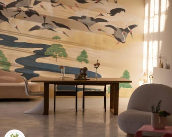 Flying Cranes Wallpaper, Japanese Crane Wall Mural, Peel and stick, Gold Serene Oriental Design, Asian birds 10