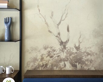 Misty Tree Landscape Wallpaper, Neutral Beige Sketch Mural, Minimalist Vintage Peel and Stick Wall Art for Living Room or Bedroom 147