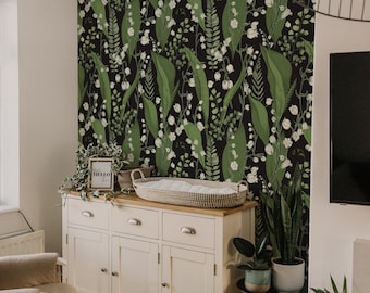 Moody lily of the valley wall mural, Dramatic dark botanical peel and stick wallpaper 96