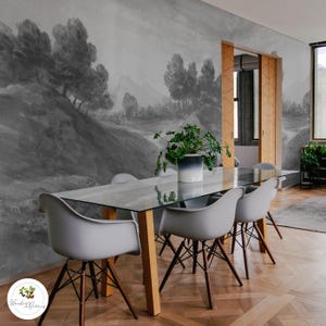 Moody landscape, Removable wallpaper, Peel and stick, Gray countryside, Forest scenic wall mural 01