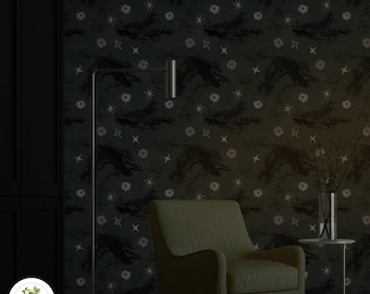 Dark Gothic Raven Wallpaper – Moody Floral Peel and Stick Mural, Dark Academia Spooky Wall Art for Bedroom or Halloween Decor 222