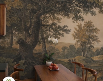 Rustic Lodge Wallpaper, Antique Wooded Landscape with Mountains, Vintage Country Wall Mural for Accent Wall 125