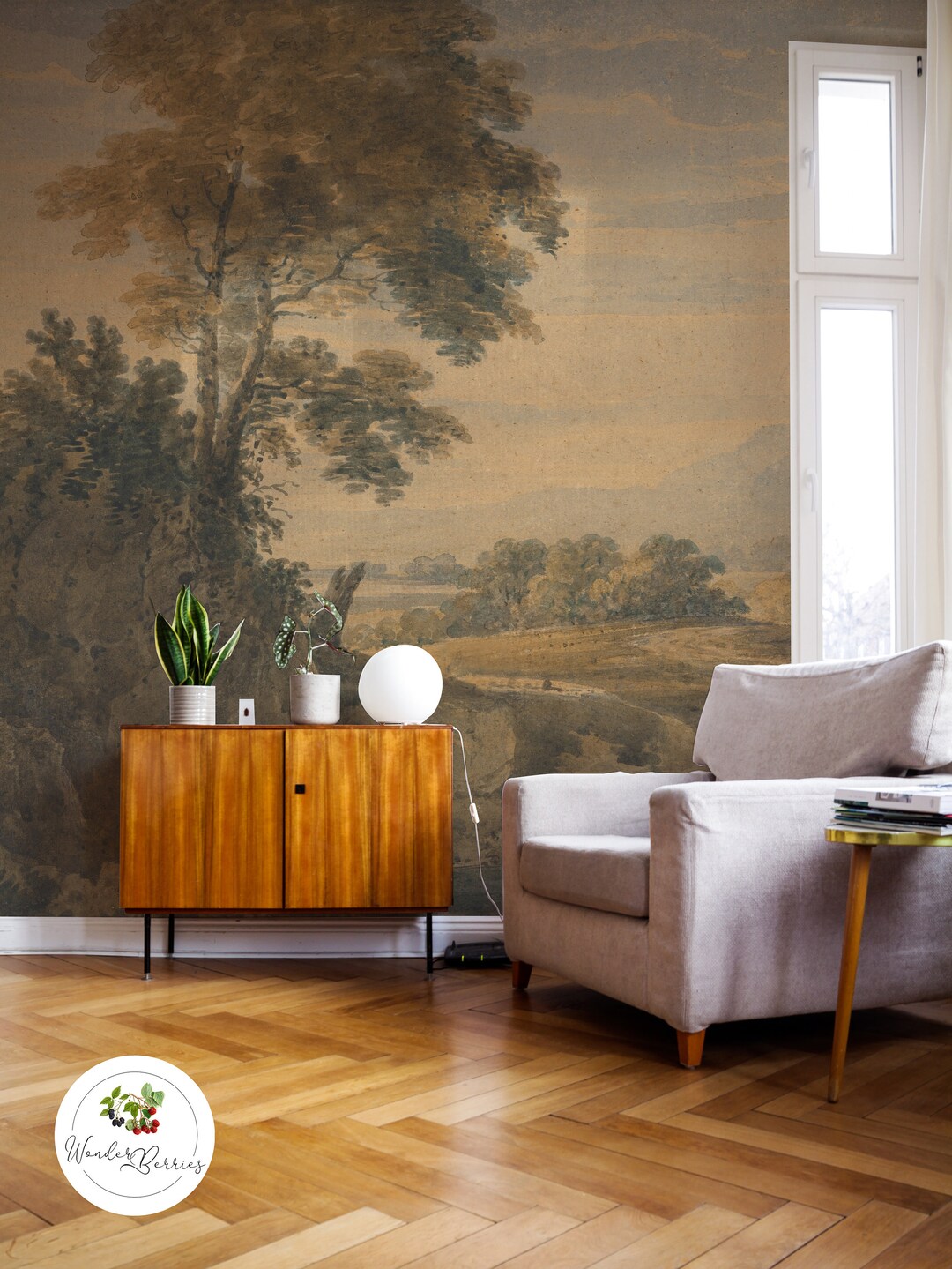 Vintage Pastoral Wallpaper, Sepia Landscape With Cows in River, English ...