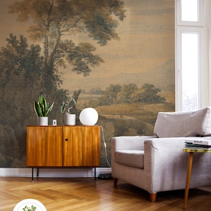Vintage Pastoral Wallpaper, Sepia Landscape with Cows in River, English Countryside Art, Farmhouse Wall Mural 68