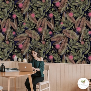Wallpaper Peel and Stick Removable Living Dining room Bedroom Self Adhesive Wall Sticker Decoration Art Mural Green Fern & Pink Bloom 114