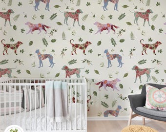 Floral Dog Pattern Wallpaper for Kids Room, Botanical Animals Peel and Stick Nursery Mural, Removable Boho Pet Lover Wall Decor 225