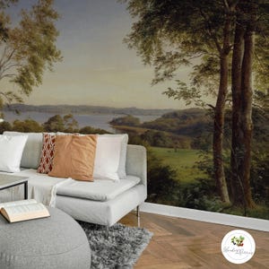 Historic landscape print, Peel and stick wallpaper, Lake and forest wall art, Old painting landscape, Trees, Animals 84