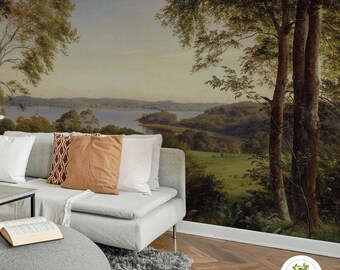 Historic landscape print, Peel and stick wallpaper, Lake and forest wall art, Old painting landscape, Trees, Animals 84