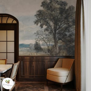 English Countryside Wallpaper, Vintage Watercolor Landscape with Trees, Rustic Farmhouse Wall Mural, Pastoral Art 66