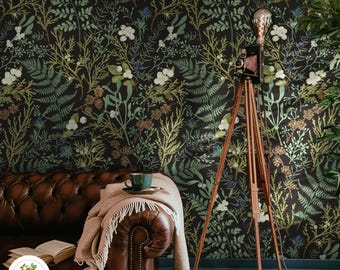 Dark Fern Botanical Wallpaper, Moody Woodland Foliage Mural, Peel & Stick, Self Adhesive, Elegant Nature Inspired Home Decor 156