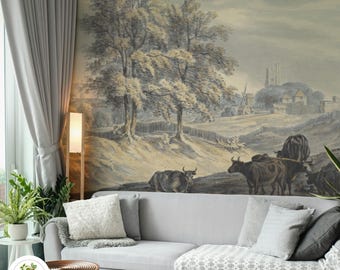 Rustic Countryside Wallpaper, Pastoral Landscape Mural, Traditional Rural View Wallpaper, Classic Country Theme Wall Art 101