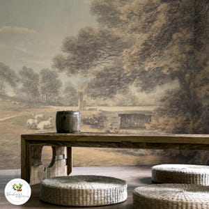 Rustic Farm Scene Decor, Sheep and Meadow Wallpaper, Vintage mural, British wall mural, Timeless rural design 109