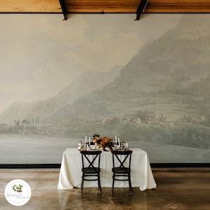 Muted Lake Wallpaper, Vintage Italian Mountain Scene, Serene & Moody Watercolor, Classic Landscape Mural 79