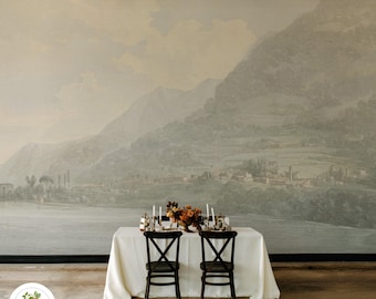 Muted Lake Wallpaper, Vintage Italian Mountain Scene, Serene & Moody Watercolor, Classic Landscape Mural 79