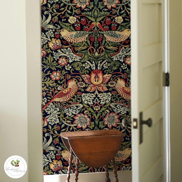 Strawberry Thief wallpaper, Peel and stick, William Morris artwork, Impressionism painting, Botanical Wallpaper, Birds 05