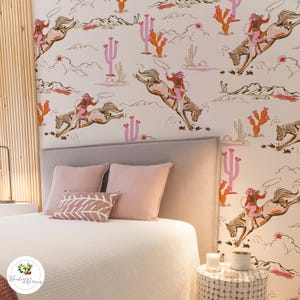 Cowgirl pattern removable wall mural, Western design, Horse riding illustration backsplash - 149