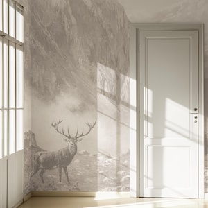 Vintage Deer Landscape Wallpaper, Sepia Mountain Forest Mural, Rustic Wildlife Wall Art, Neutral Peel and Stick 257