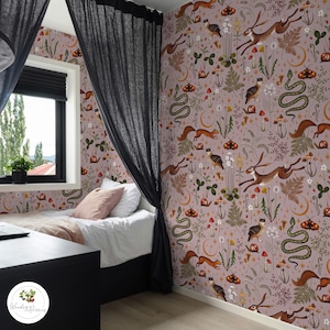 Forest fantasy decor, Fox and owl wallpaper, Magical animal decor, Enchanted woodland pattern, Botanical wallpaper, Nursery 115