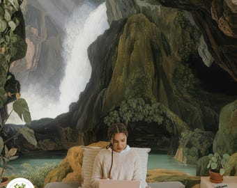 Moody Cave Wallpaper with Waterfall, Vintage Grotto Landscape, Rustic Lodge & Dark Academia Wall Mural Decor 188