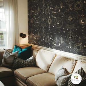 Engraving moons removable wallpaper, Self-adhesive constellations mural - 50